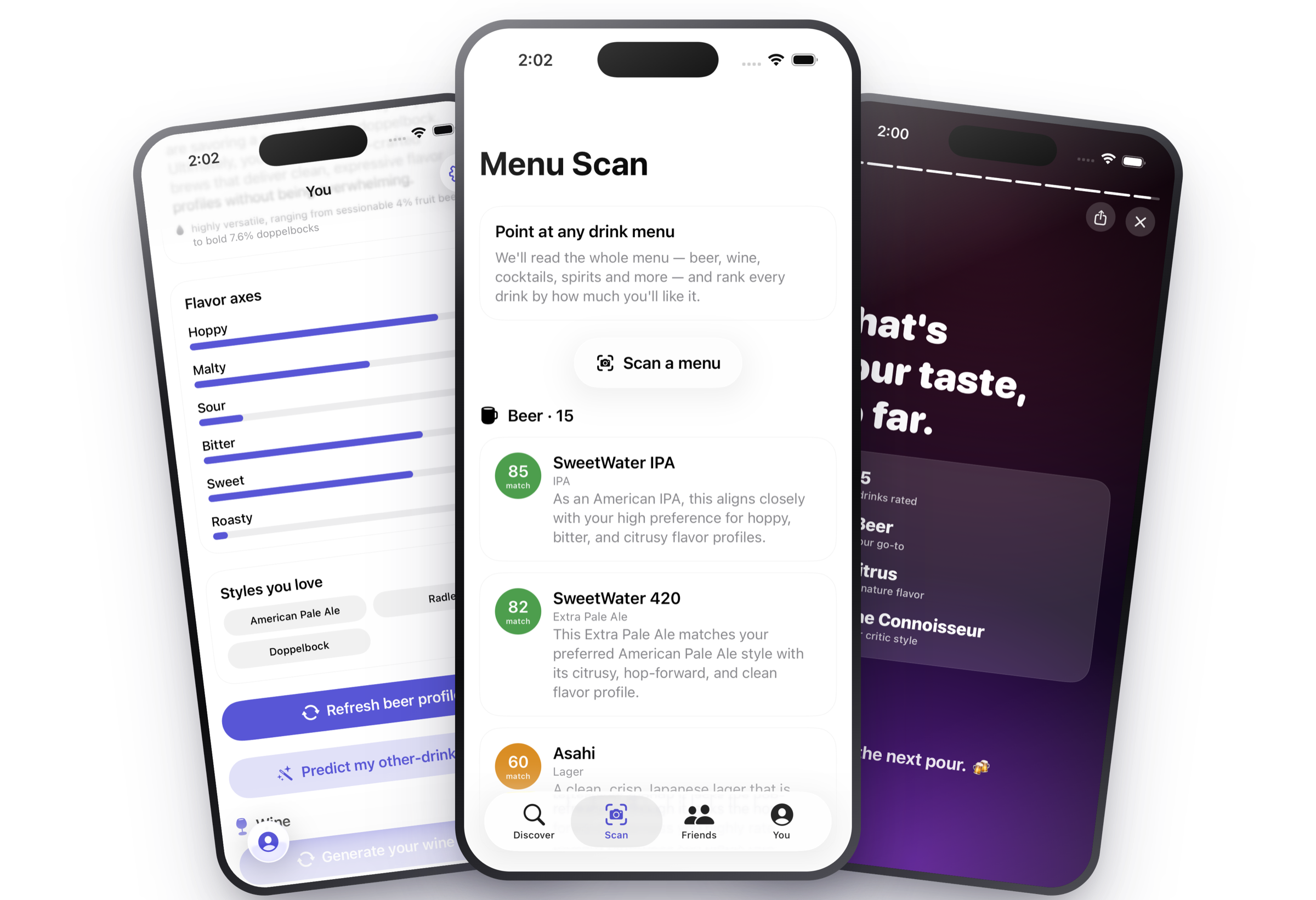 Three iPhones showing busy beer — the flavor-axes palate map, the menu scanner ranking every drink, and the taste-distilled story.