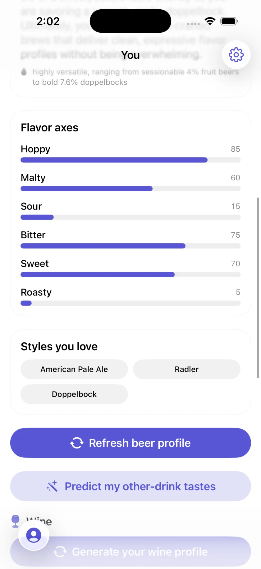 Flavor axes showing the user's palate.