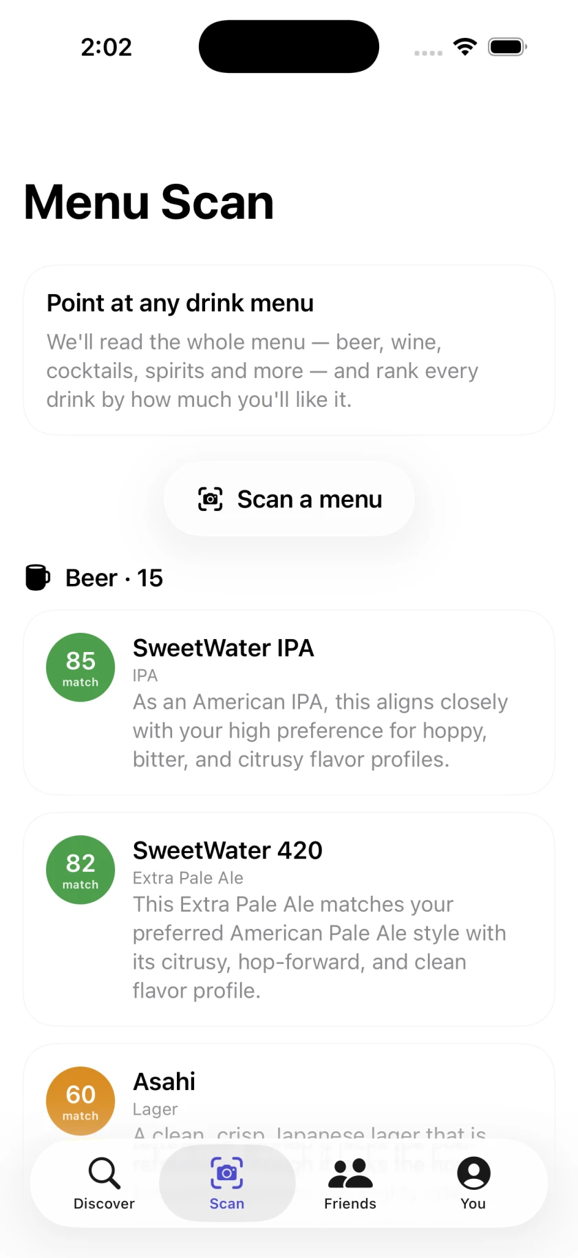 The menu scanner ranking each beer with a predicted score.